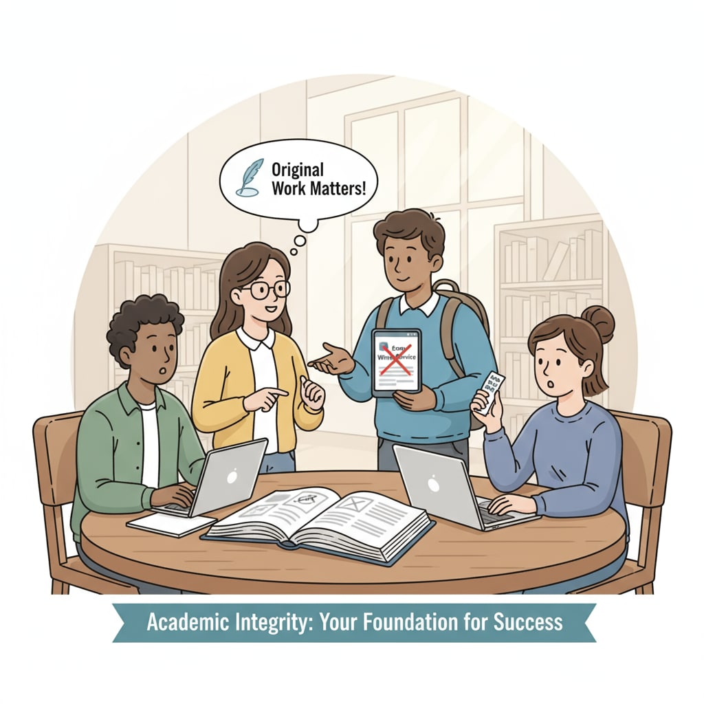 A group of students engaged in a discussion about the importance of academic integrity in the context of essay writing services. A group of students discussing academic integrity in relation to Lawessaypros, legitimacy, and essay代写