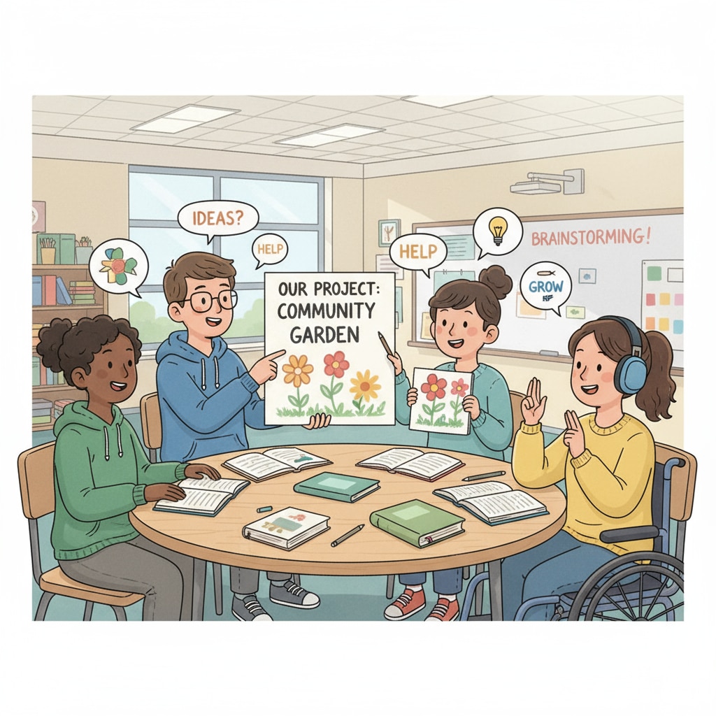 A group of special education students are gathered around a table, discussing and making decisions about an upcoming project. They are actively participating and sharing their ideas. Special education students exercising their autonomy in a decision - making activity