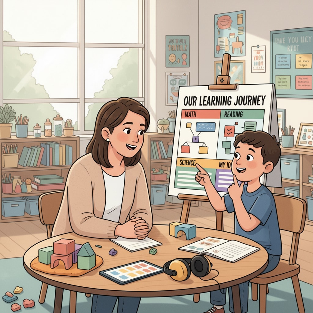 In a special education classroom, a teacher is sitting with a student, attentively listening to the student's thoughts and opinions about the lessons. A special education teacher facilitating student autonomy by listening to the student