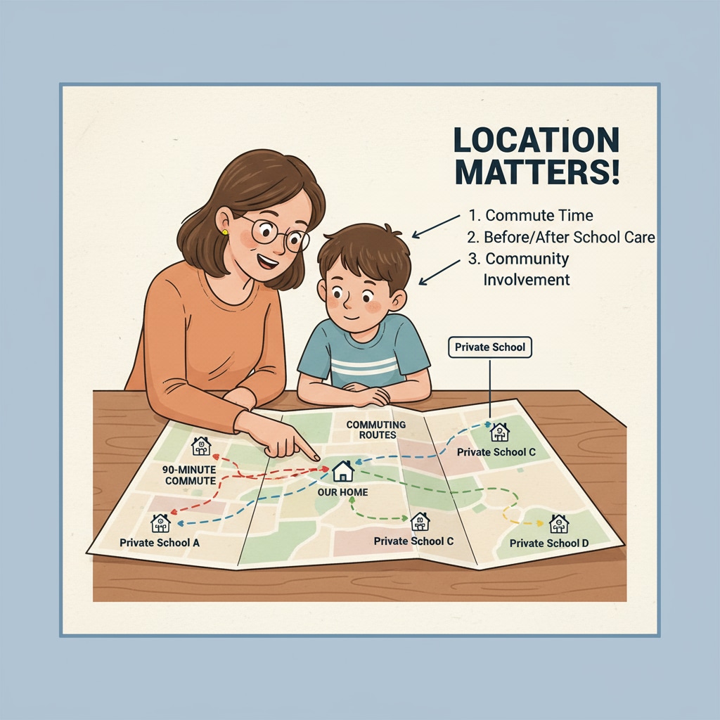 A parent and child are engaged in a conversation, looking at a map that displays various private schools and the commuting routes to them, highlighting the importance of considering location during school selection. A parent and child discussing private school options with commuting routes on a map