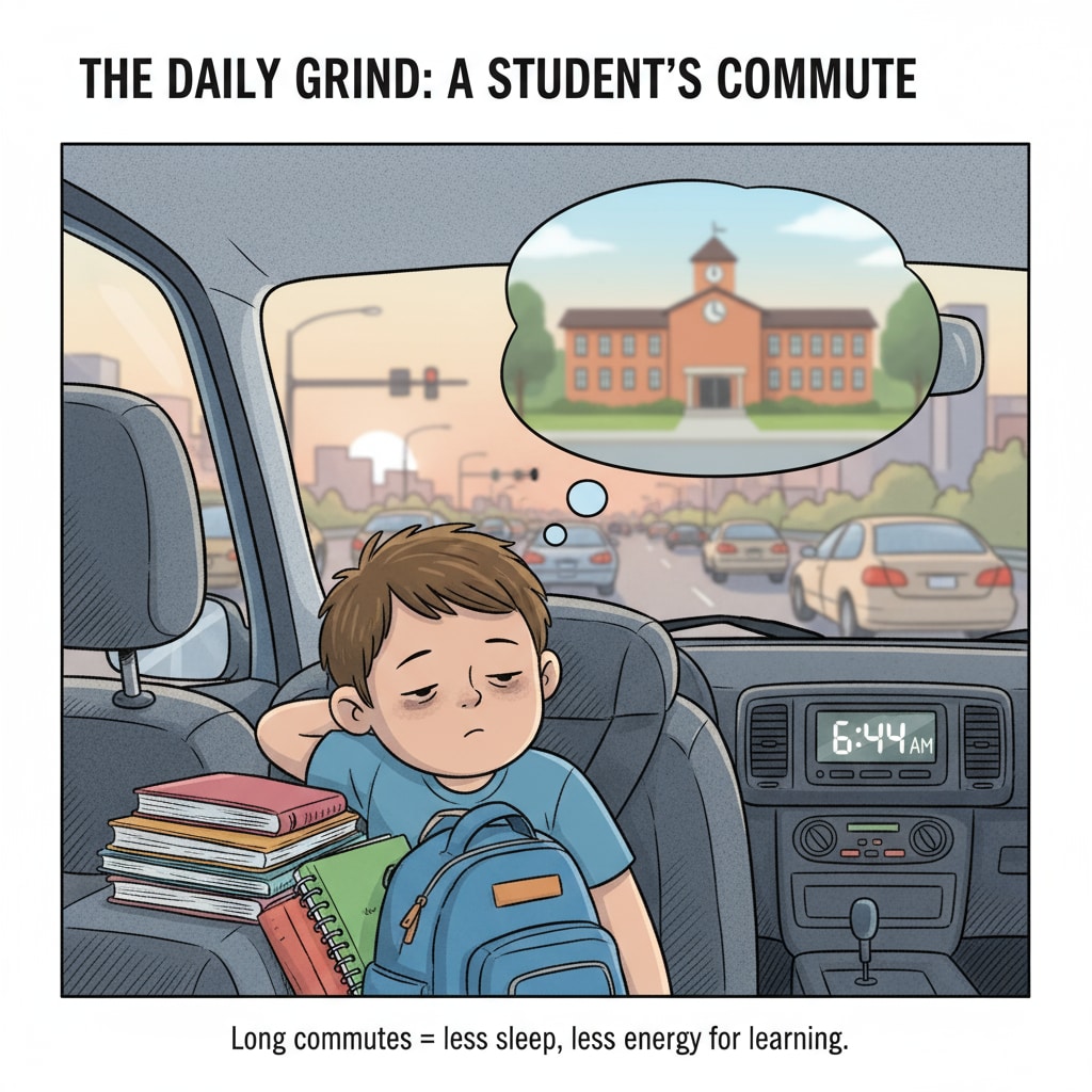 A child appears weary while seated in a car during a lengthy commute to school, emphasizing the impact of long commuting times on students. A tired child during a long commute to private school