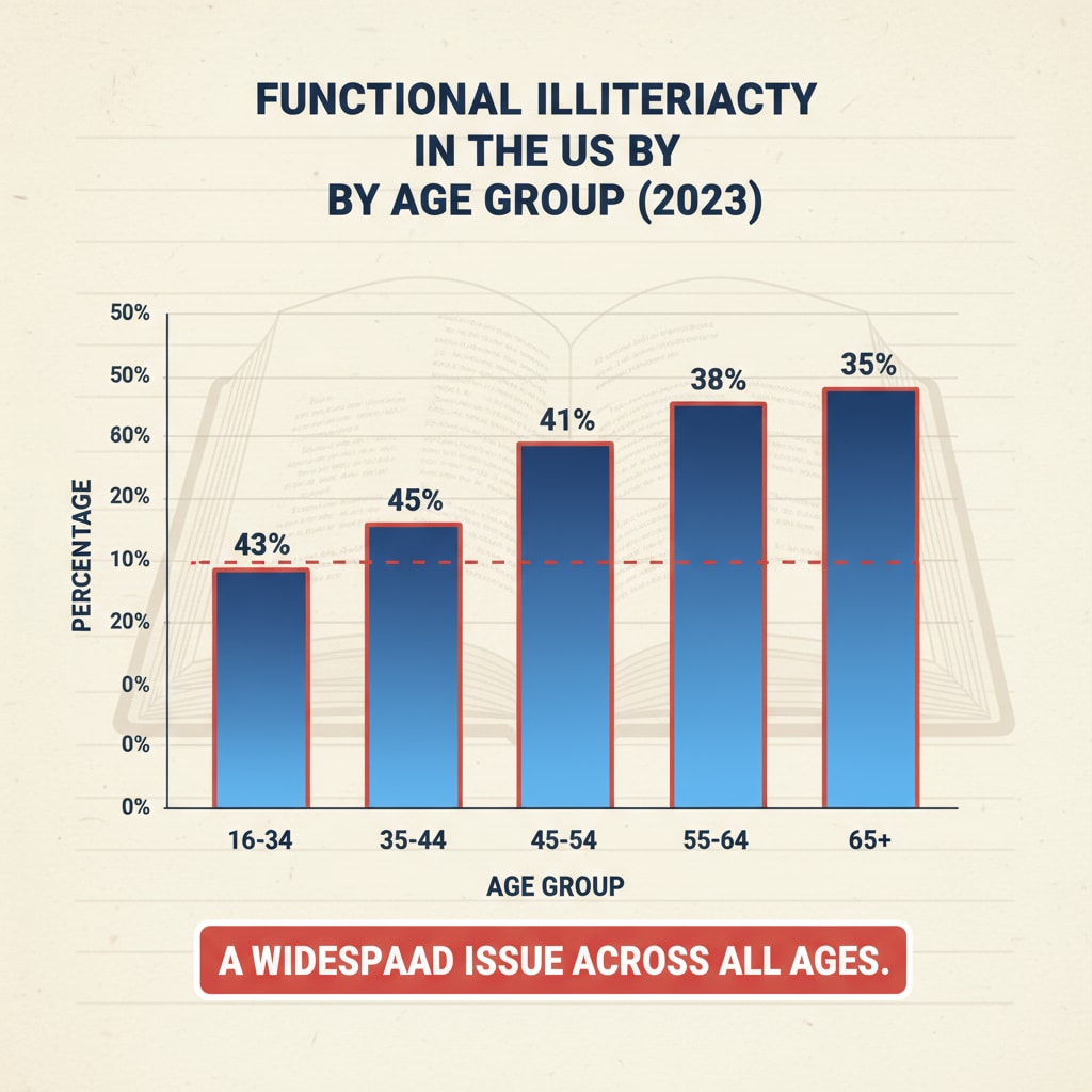 Graph representing the prevalence of functional illiteracy in various age groups, related to the education crisis.