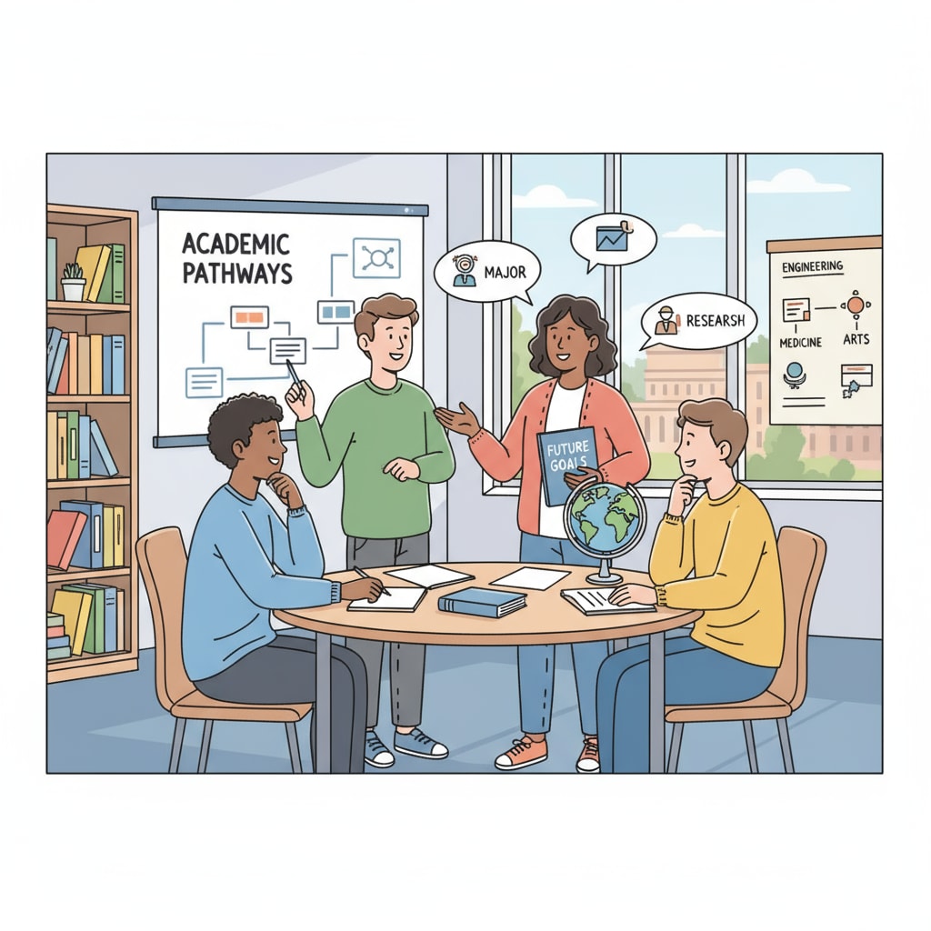 A group of students are engaged in a discussion about their academic plans and goals in a classroom setting. Students discussing academic matters relevant to GPA, scholarship applications, academic priorities, and technical skills