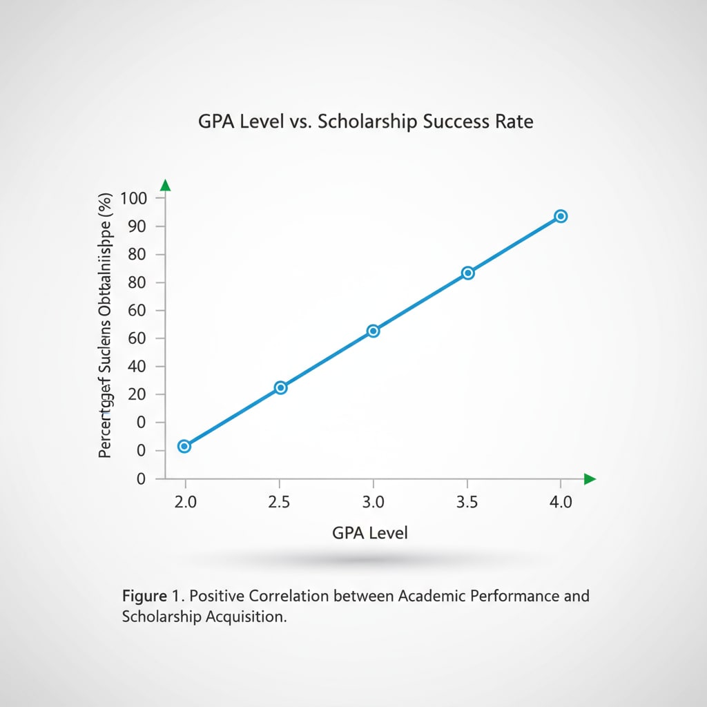 A graph presenting the correlation between GPA levels and the percentage of students successfully obtaining scholarships. Graph showing relationship between GPA and scholarship success related to GPA, scholarship applications, academic priorities, and technical skills