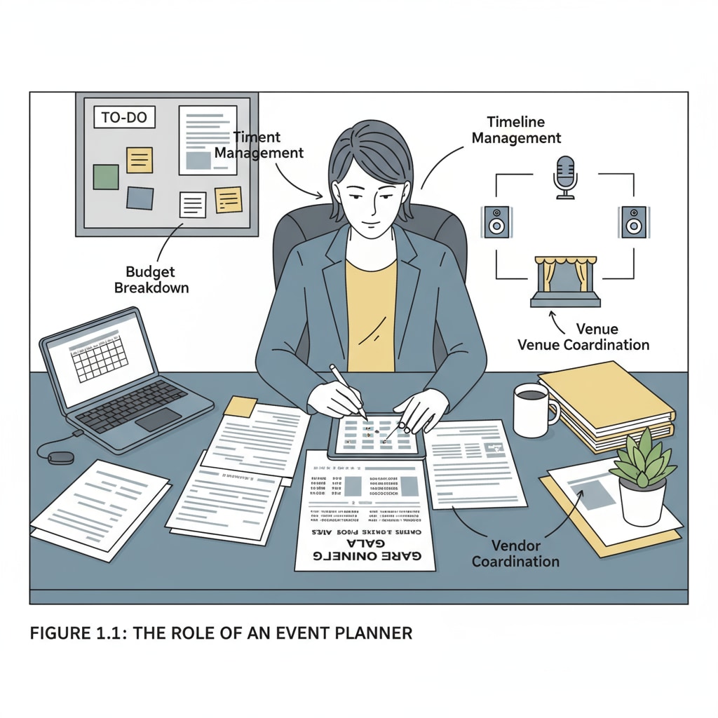 A person working on event planning details in an office relevant to event planning, professional certification, communication degree