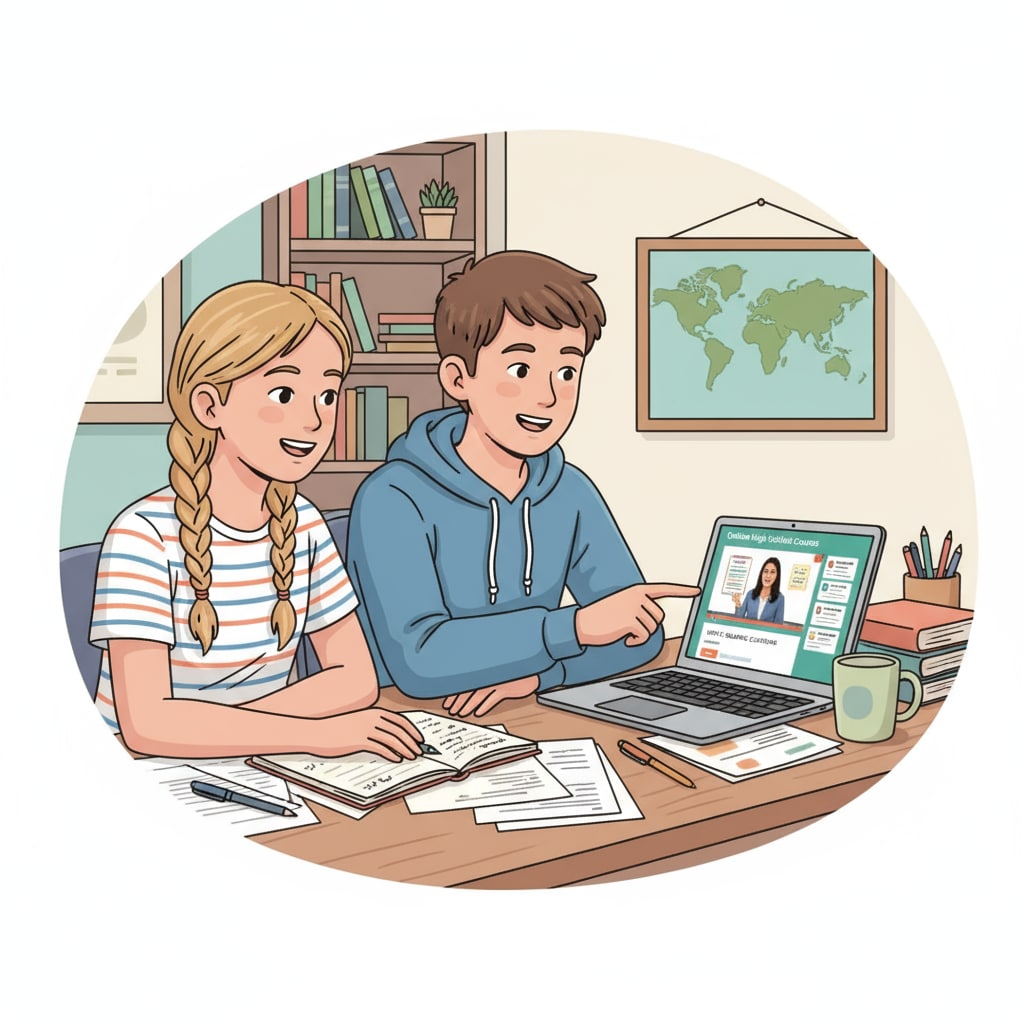 Two American teenagers studying together at a desk with a laptop showing an online high school course界面 American teenagers engaged in online high school education
