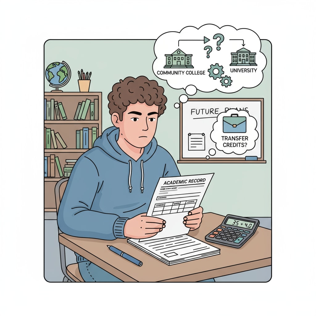An American teenager reviewing a transcript with a calculator and pen, considering credit transfer options American teen evaluating credit transfer for online high school