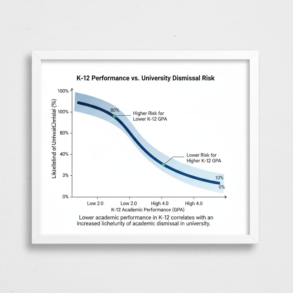 A graph presenting the relationship between academic performance in K12 and the likelihood of academic dismissal in university. The graph shows how lower K12 performance is associated with a higher risk of college academic dismissal. A graph showing the correlation between K12 academic performance and college academic dismissal