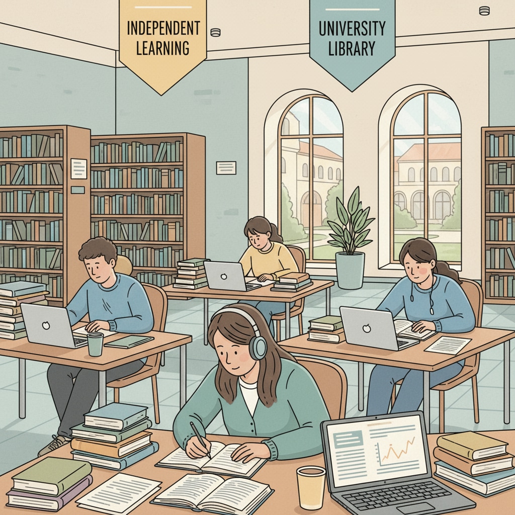 A photo depicting students studying independently in a university library, with books and laptops on the tables, highlighting the independent learning environment in universities. A picture of students studying independently in a university library