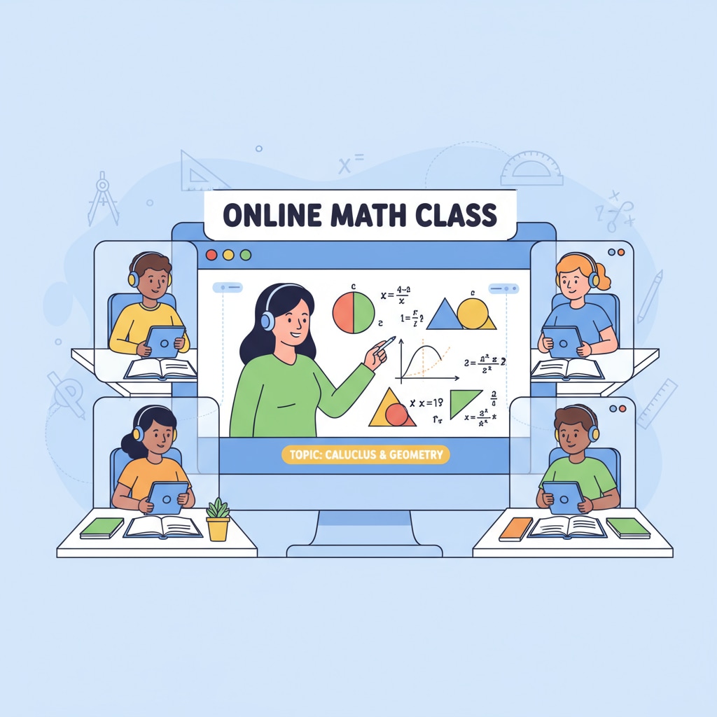 A group of students are attending an online math class, looking at their screens attentively. Students attending an online math class in the context of mathematics degrees, distance education, and online courses
