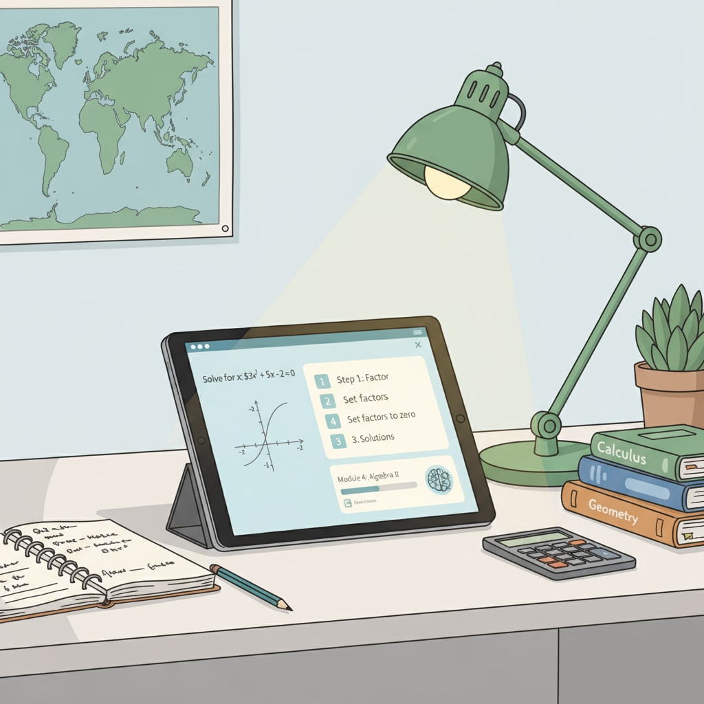 A student is sitting at a desk, studying math using an online platform with various math equations and graphs on the screen. Student studying math using an online platform for mathematics degrees through distance education and online courses