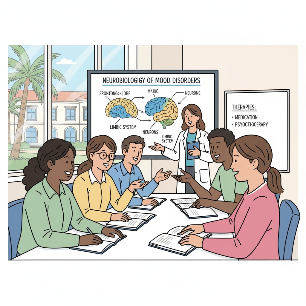 A group of students engaged in discussions during a psychiatry lecture in a Florida university hall. Students in a Florida psychiatry lecture hall related to psychiatry doctoral education
