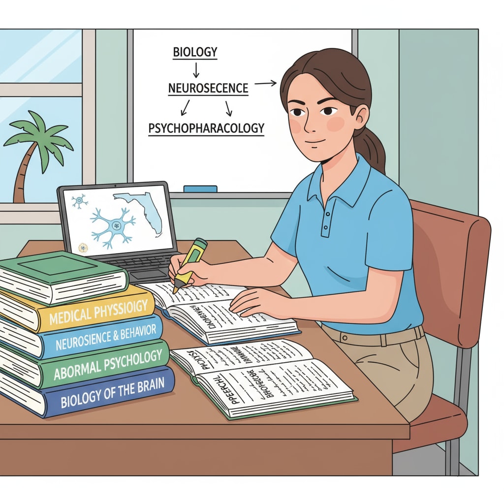 A student sitting at a desk, reviewing textbooks and notes related to the prerequisite courses for a psychiatry doctoral program in Florida. Student reviewing prerequisite materials for Florida psychiatry doctoral program