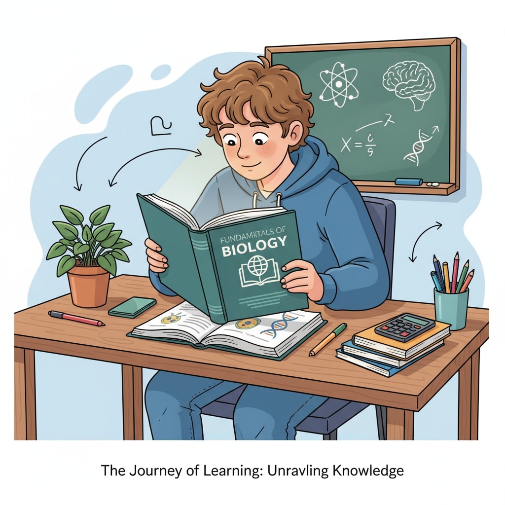 A student sitting at a desk, deeply engrossed in reading an educational textbook, symbolizing the learning process. A student engaged in studying an introductory pedagogy textbook