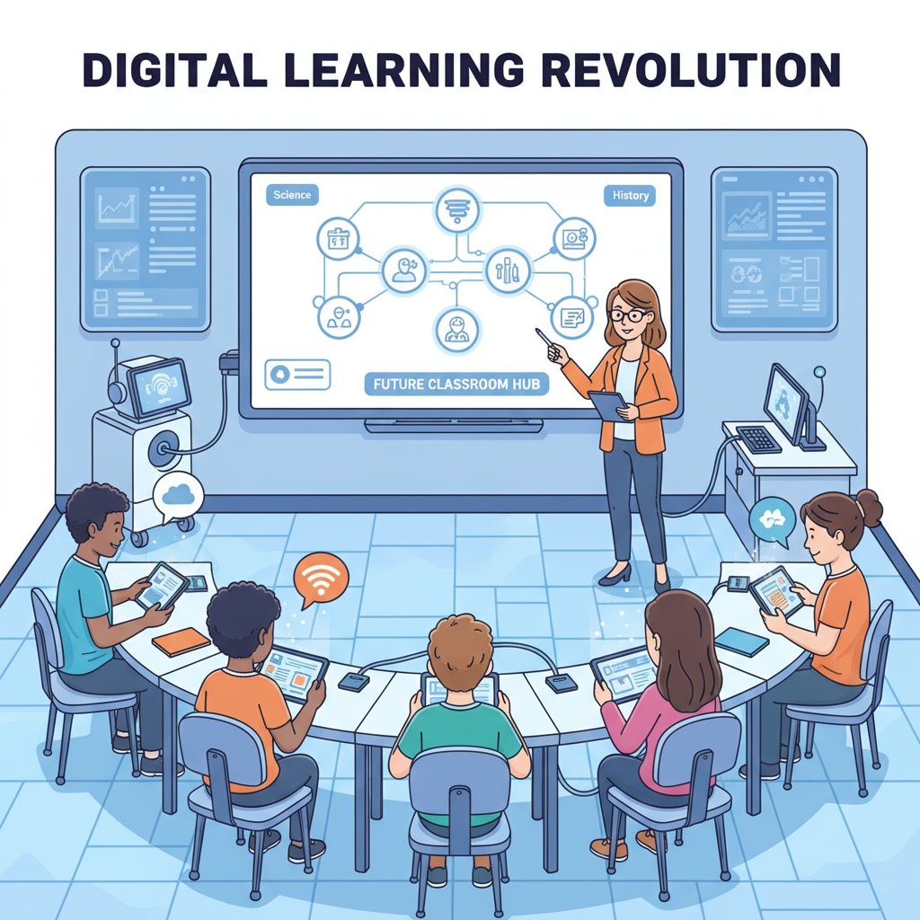 A classroom scene where students are using digital tablets. The teacher is standing in front, and the overall atmosphere shows the use of digital technology in education. Classroom scene with students using digital devices for education innovation, edtech, and digitalization