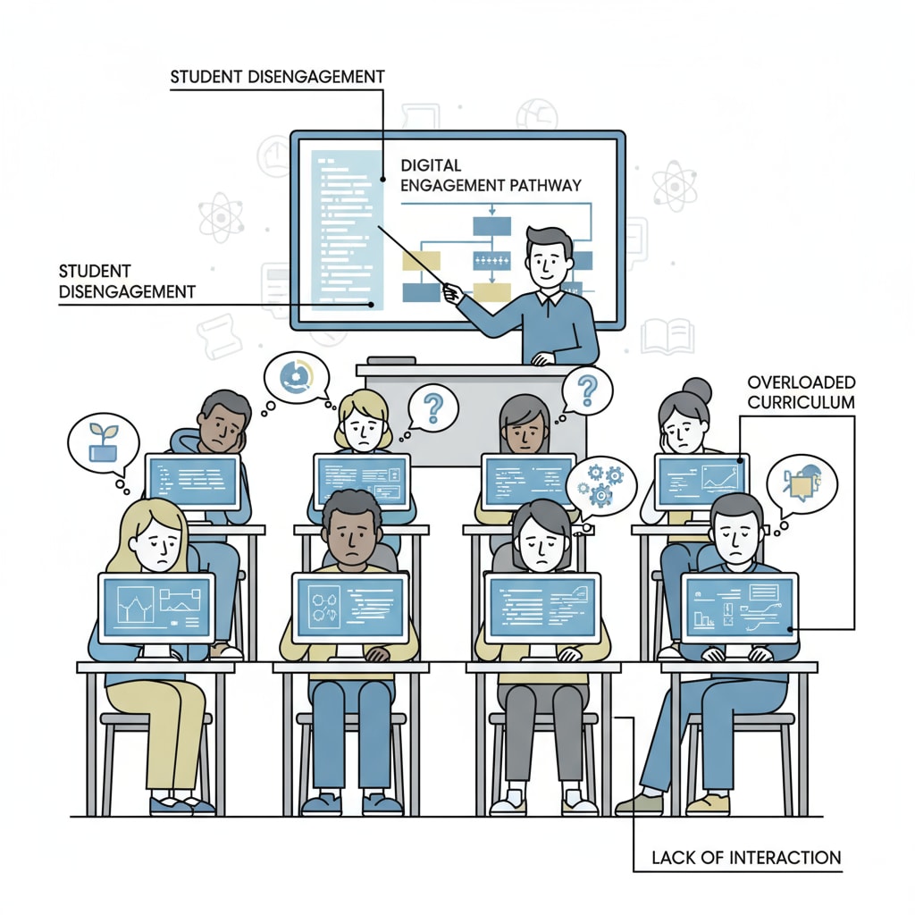A group of students sitting in front of computers with unenthusiastic expressions, indicating that the digital learning experience may not be as engaging as expected. Students sitting in front of computers, showing lack of interest in digital learning related to education innovation, edtech, and digitalization