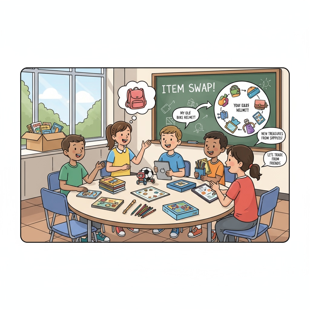 A group of K12 students are gathered around, discussing and planning to share their idle items among themselves. K12 students discussing idle item sharing for the student rental platform