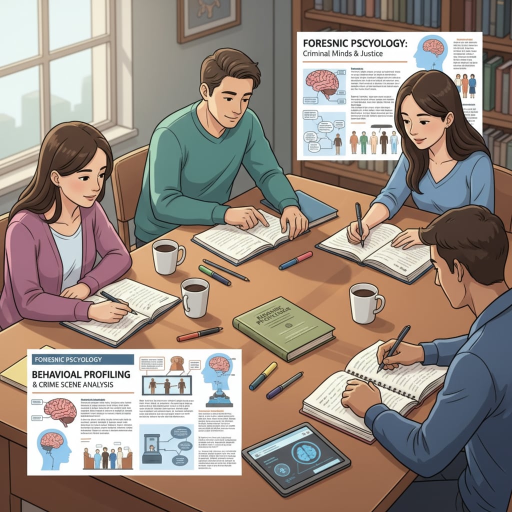 A group of students studying textbooks related to forensic psychology, with notebooks and pens on the table, showing their dedication to learning about the subject. K12 students studying forensic psychology textbooks to plan their university and career paths.