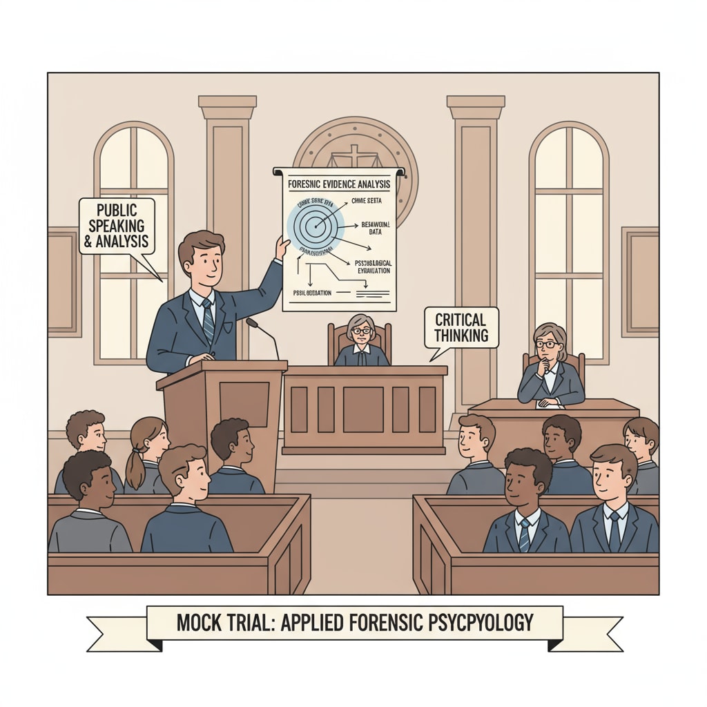 A high school student participating in a mock trial, standing up and presenting evidence, demonstrating their skills in a legal - related activity important for a forensic psychology career. High school student involved in mock trial as part of career planning for forensic psychology and university preparation.