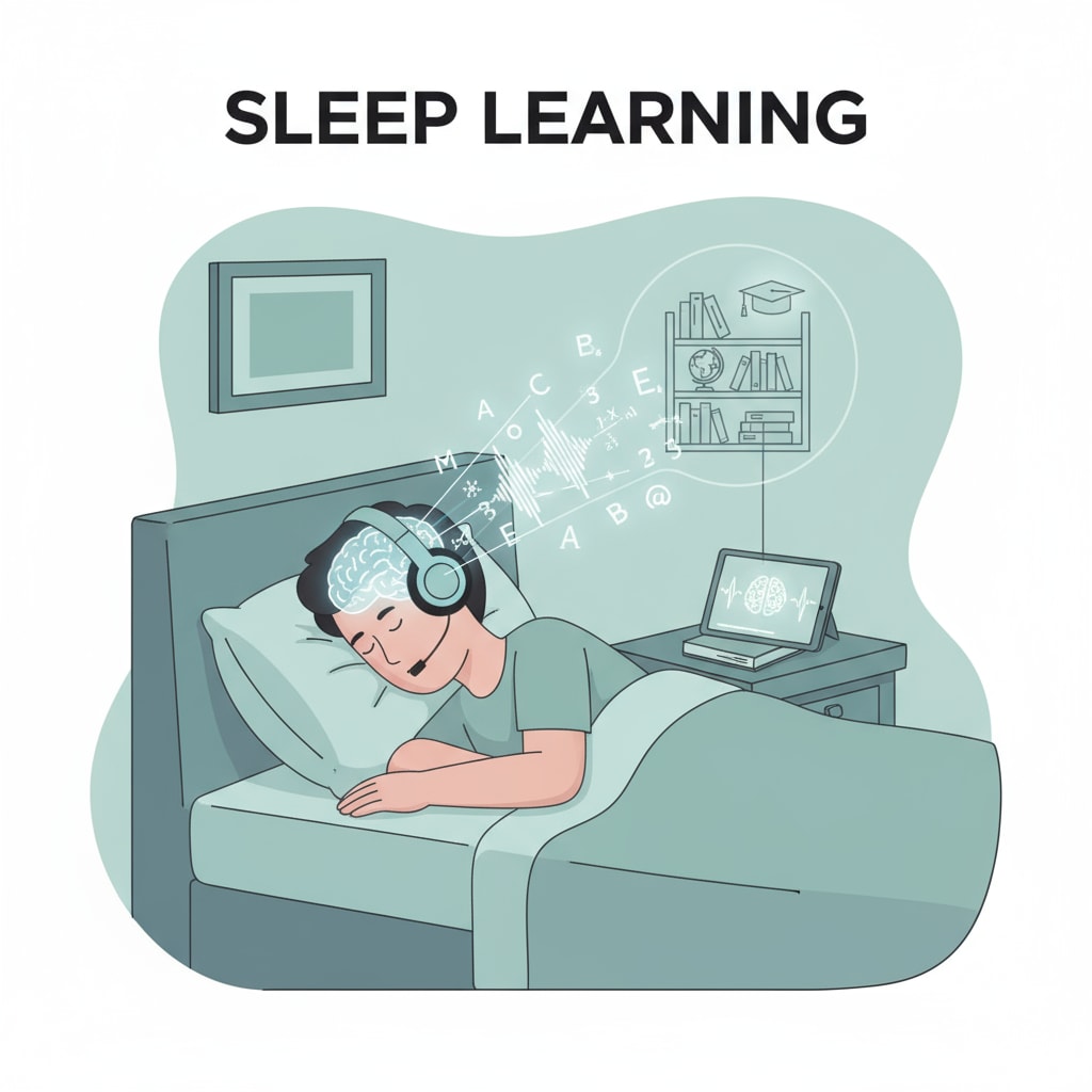 A student is shown sleeping with a headset on, which is a common visual representation of the sleep learning concept. The scene implies the attempt to use auditory input during sleep for learning purposes. A student sleeping with a headset for sleep learning, related to auditory learning and sleep memory