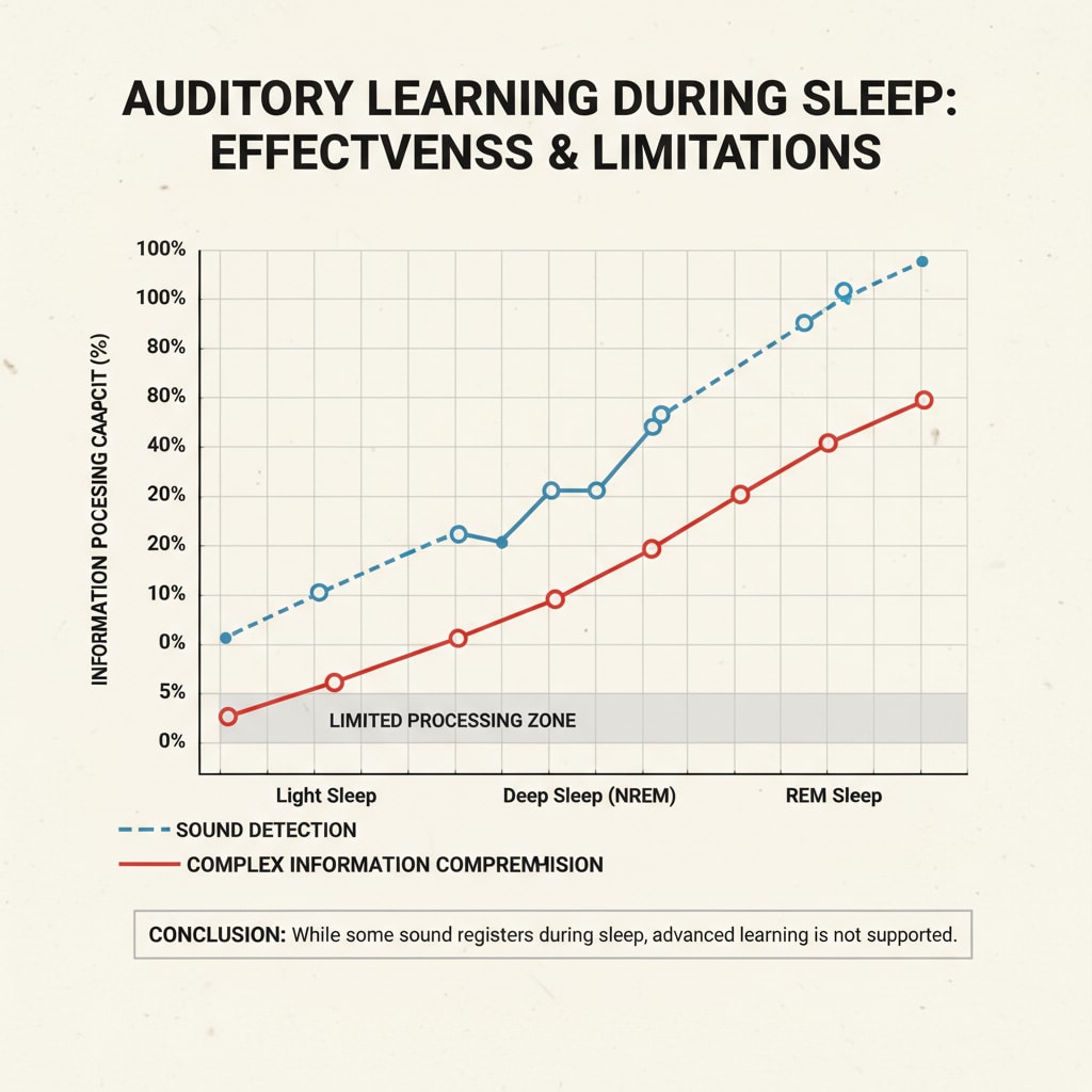 A graph presenting data on the effectiveness of auditory learning during sleep, indicating that while there is some level of sound detection, the ability to fully process complex information is limited. Graph showing the limited effectiveness of auditory learning during sleep, associated with sleep learning and sleep memory