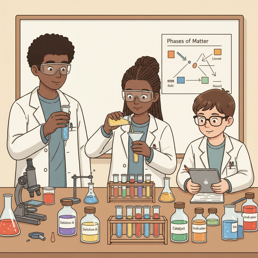 Students are conducting a science experiment in a K12 classroom, with test tubes and various substances on the table. K12 science experiment for PAEC Junior Executive exam preparation