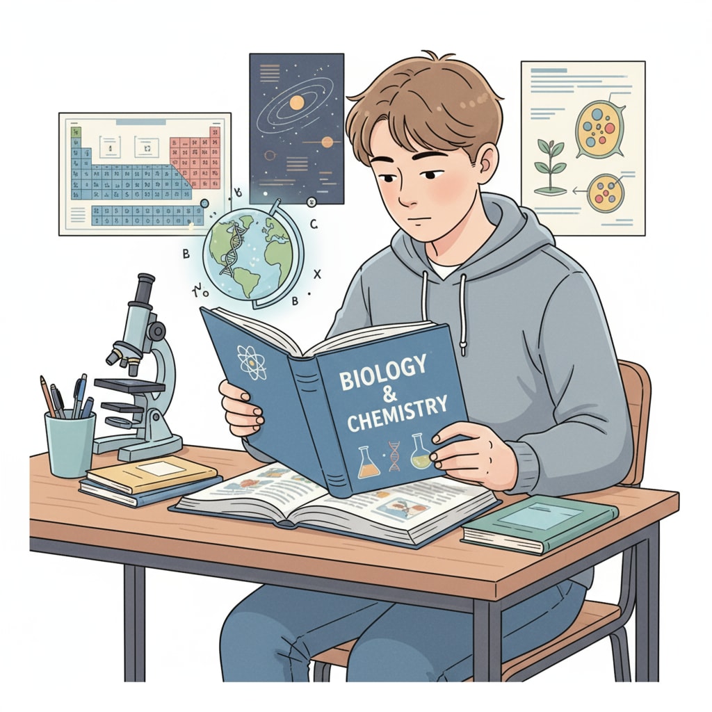 A student is sitting at a desk, reading a science textbook with concentration. Student studying science for PAEC Junior Executive exam