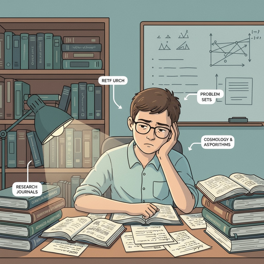 A student sitting at a desk, looking a bit discouraged but with determination in eyes, surrounded by books and papers related to academic research A discouraged yet determined student surrounded by academic materials, representing academic burnout, master's thesis, and loss of interest