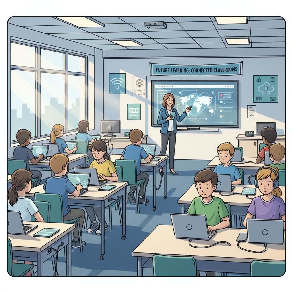 A classroom with students using digital devices, showing the integration of technology in the learning environment. Educational reform, value pluralism, and technological change in a classroom setting