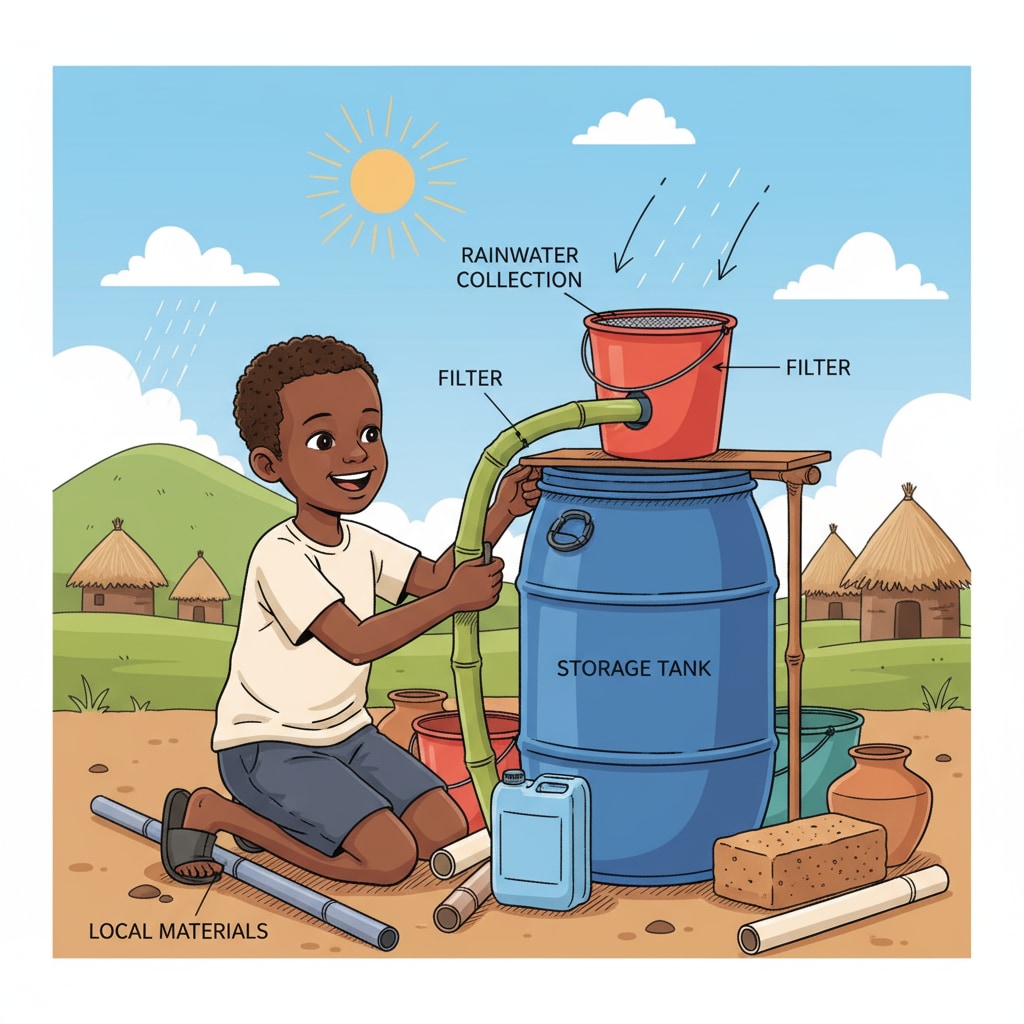 A young Rwandan child is actively constructing a simple rainwater harvesting device using locally available materials such as buckets and pipes. Rwandan child building a rainwater harvesting device in a STEM project with limited materials