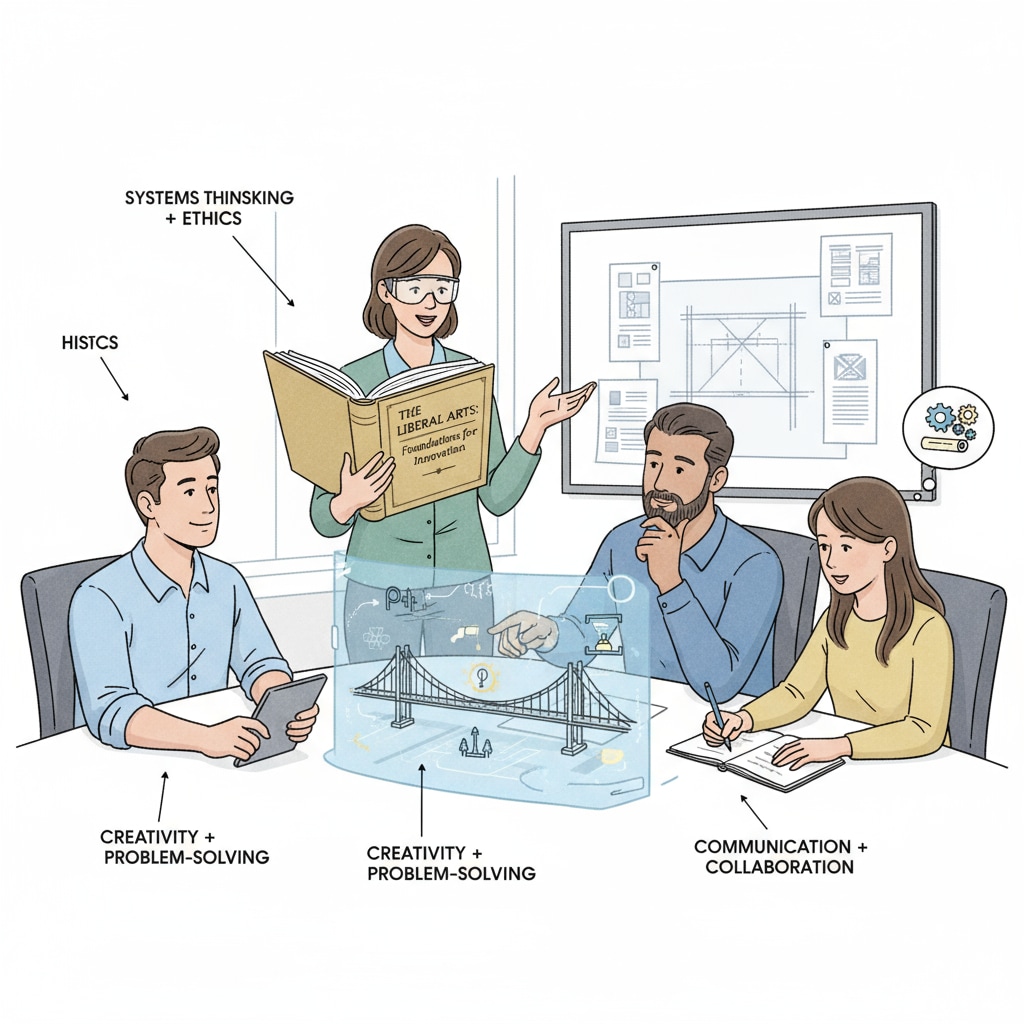 A group of engineers are gathered around a table. One engineer is holding a book on liberal arts, and they are engaged in a discussion about how liberal arts knowledge can be integrated into their engineering work. A group of full-time engineers exploring liberal arts in an affordable way