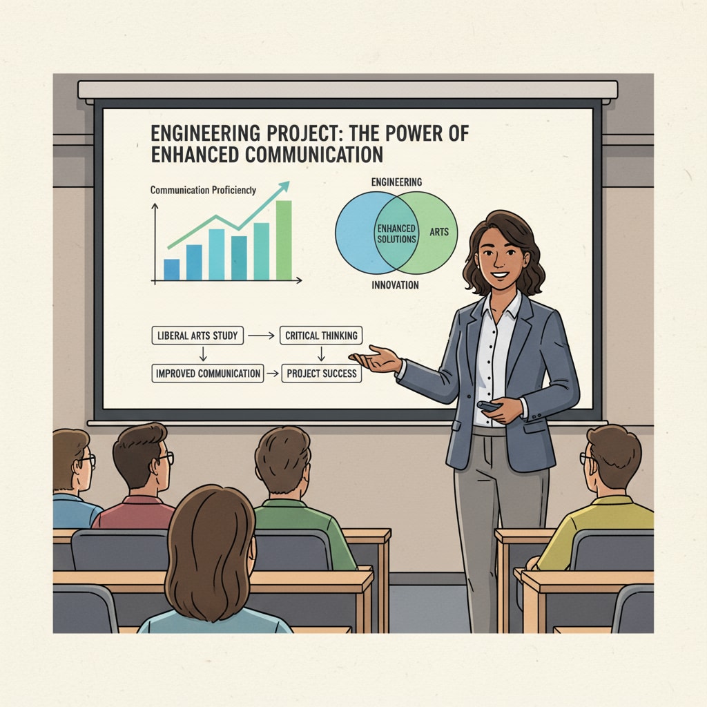 An engineer is standing in front of a projector, presenting a project with confidence. There are graphs and diagrams on the screen, and the engineer is using clear and engaging language to explain the project. This is a result of improving communication skills through liberal arts study. An engineer presenting a project after enhancing communication skills via affordable liberal arts learning