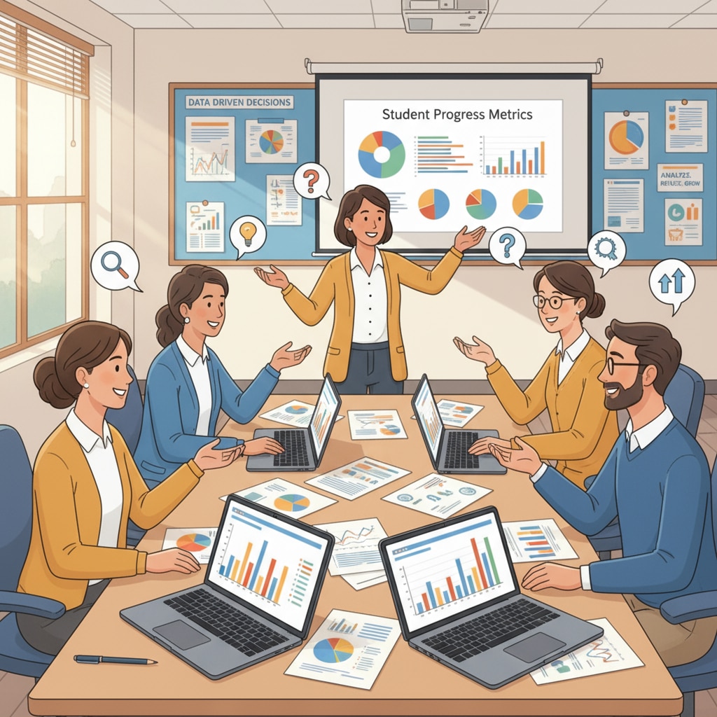 A group of K12 educators are engaged in a lively discussion about data analysis in a classroom. There are laptops and papers with data charts on the desks. K12 educators discussing educational data analysis for teaching evaluation in a classroom