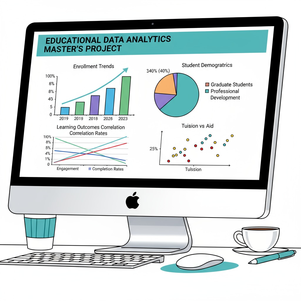 A student in an educational data analysis master's program is focused on creating a data visualization project on a computer screen. There are graphs and charts visible. Student in educational data analysis master's program working on data visualization for teaching evaluation