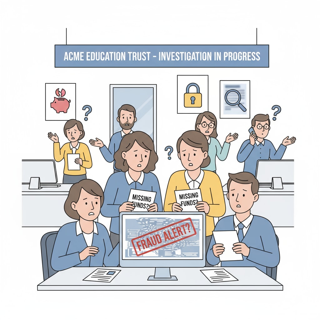 An office scene of an education agency with people showing confused expressions, indicating potential fraud situations. An image depicting the confusion caused by education agency fraud in the context of university admissions and financial losses.