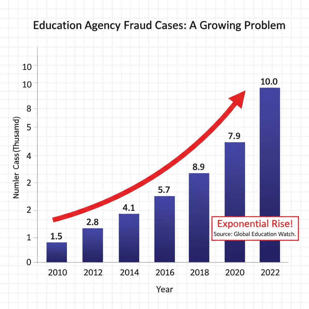 A graphical representation showing the upward trend of education agency fraud cases over the years, highlighting the growing problem. A graph demonstrating the increasing frequency of education agency fraud related to university admissions and financial losses.