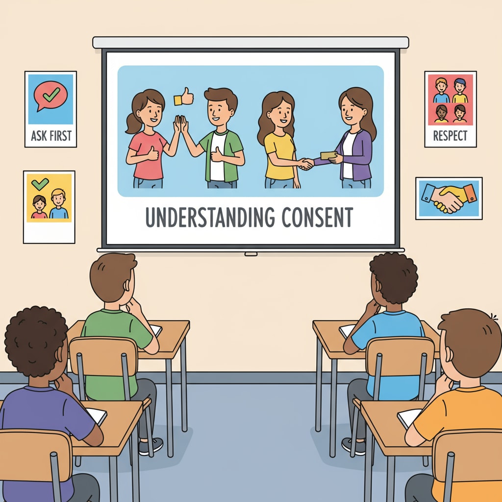 A group of teenagers are sitting in a classroom, attentively watching an educational film about consent on a screen. The film shows scenes of teenagers interacting and making decisions with respect for each other's consent. Teenagers watching an educational film about consent in a classroom for teaching materials related to the consent concept and bullying in schools