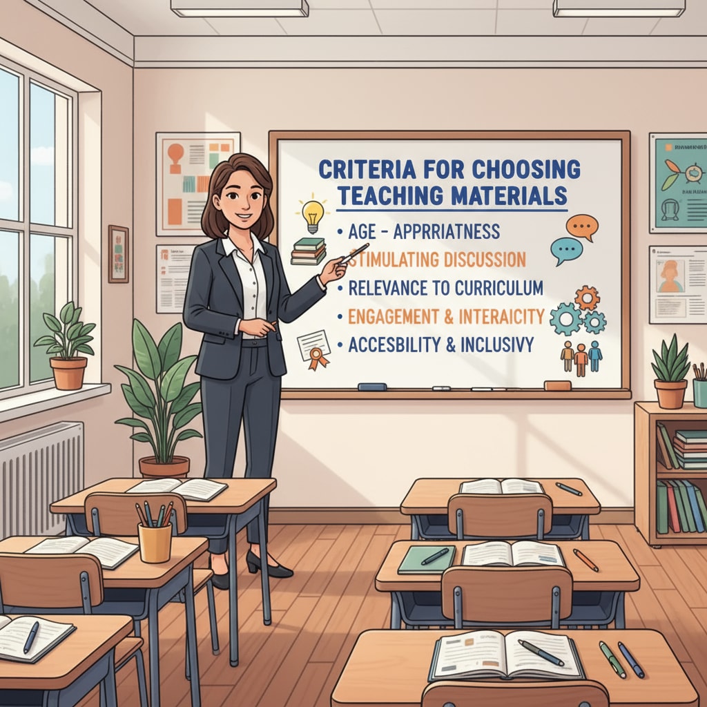 A teacher is standing in front of a whiteboard filled with notes about the criteria for choosing teaching materials. The whiteboard has headings like A teacher discussing the criteria for choosing teaching materials related to the consent concept and bullying in schools