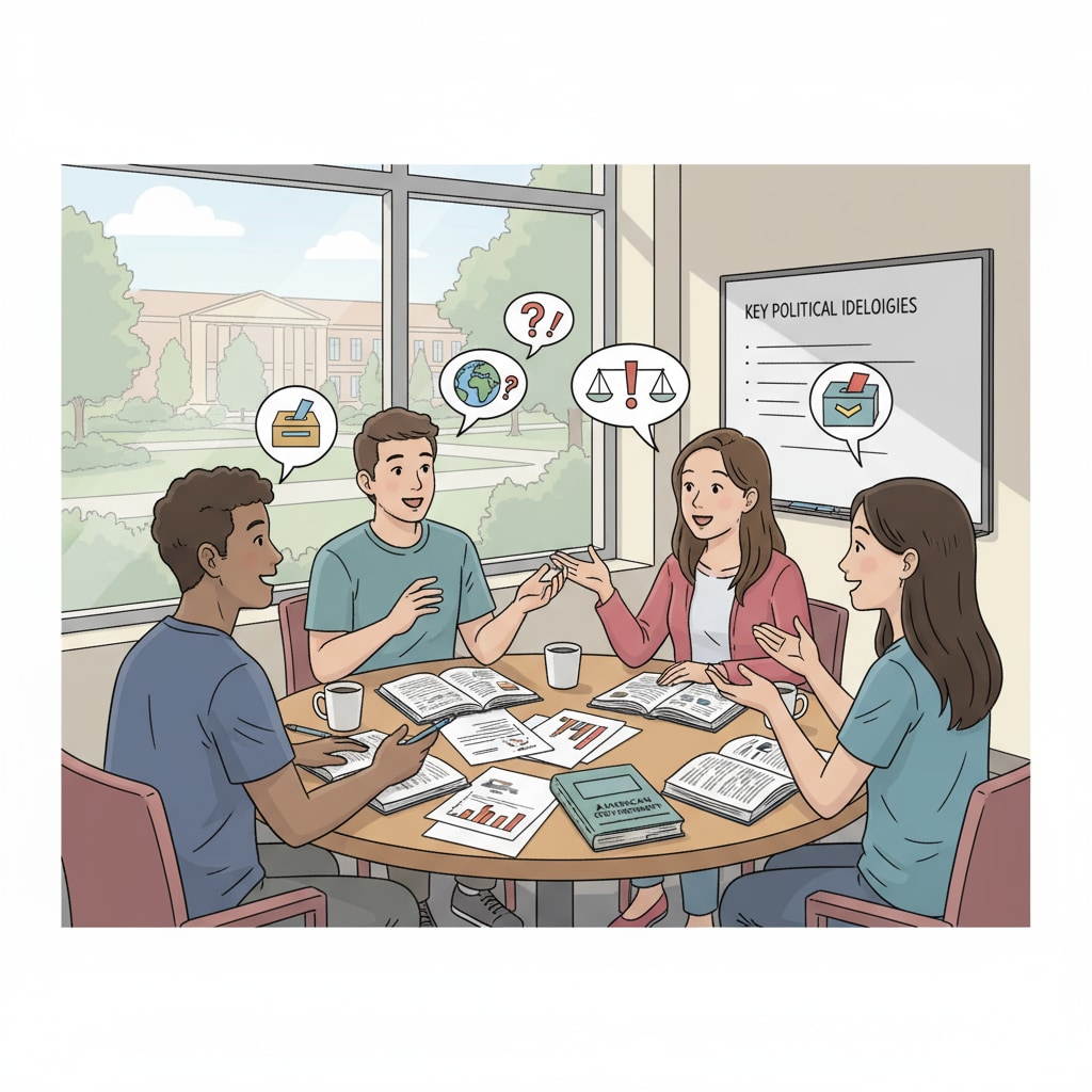 A group of college students are sitting in a campus lounge, having a lively discussion about political issues. There are books and papers related to politics on the table. College students discussing political issues in a campus lounge to enhance political engagement