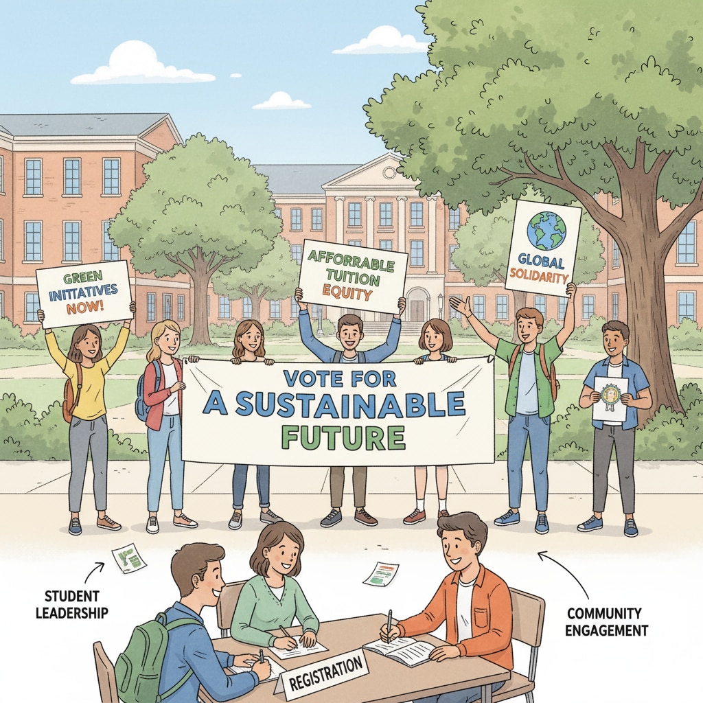 College students are actively participating in a campus political campaign. They are holding posters and banners, showing their support for a particular political cause. College students participating in a campus political campaign to boost political engagement