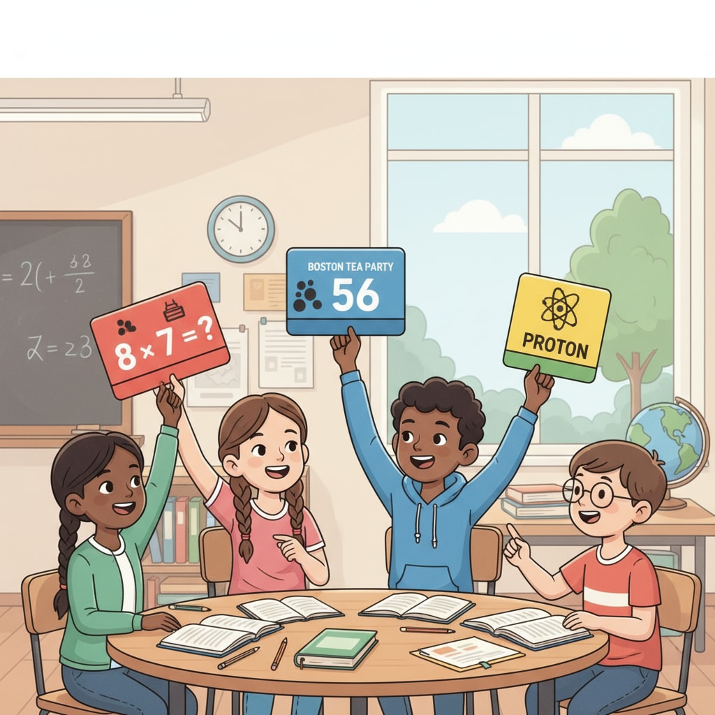 A group of K12 students are gathered around a table, smiling as they use flashcards to quiz each other on basic knowledge topics like math facts, historical dates, and scientific concepts. K12 students using flashcards to learn basic knowledge