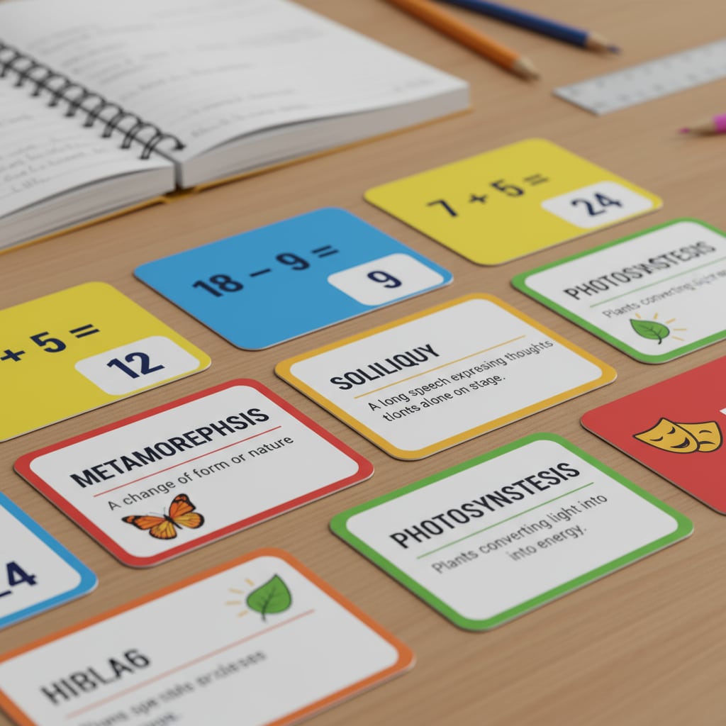A close-up view of a set of brightly colored flashcards neatly arranged on a desk. Some flashcards have simple math equations on one side and the solutions on the other, while others have vocabulary words and definitions. Colorful flashcards with basic knowledge content