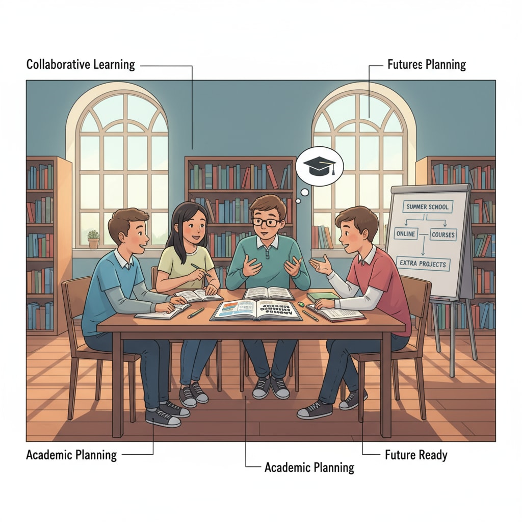 A group of high school students are sitting around a table in a library, looking at textbooks and discussing how to make up their missing credits. High school students discussing credit recovery options in a library related to Credit, Graduation, Advice