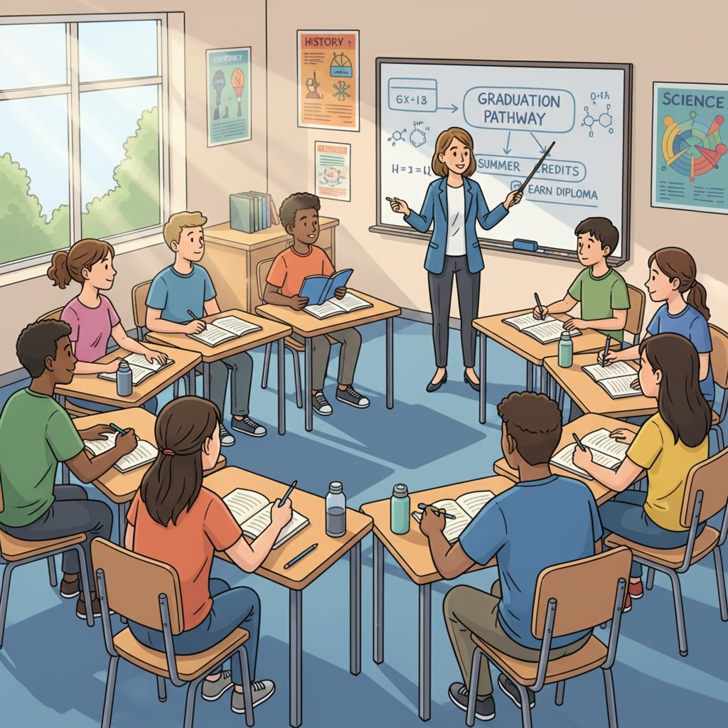 Students are attentively listening to the teacher in a summer school classroom, engaged in learning to earn extra credits for graduation. Students attending a summer school class in a classroom relevant to Credit, Graduation, Advice