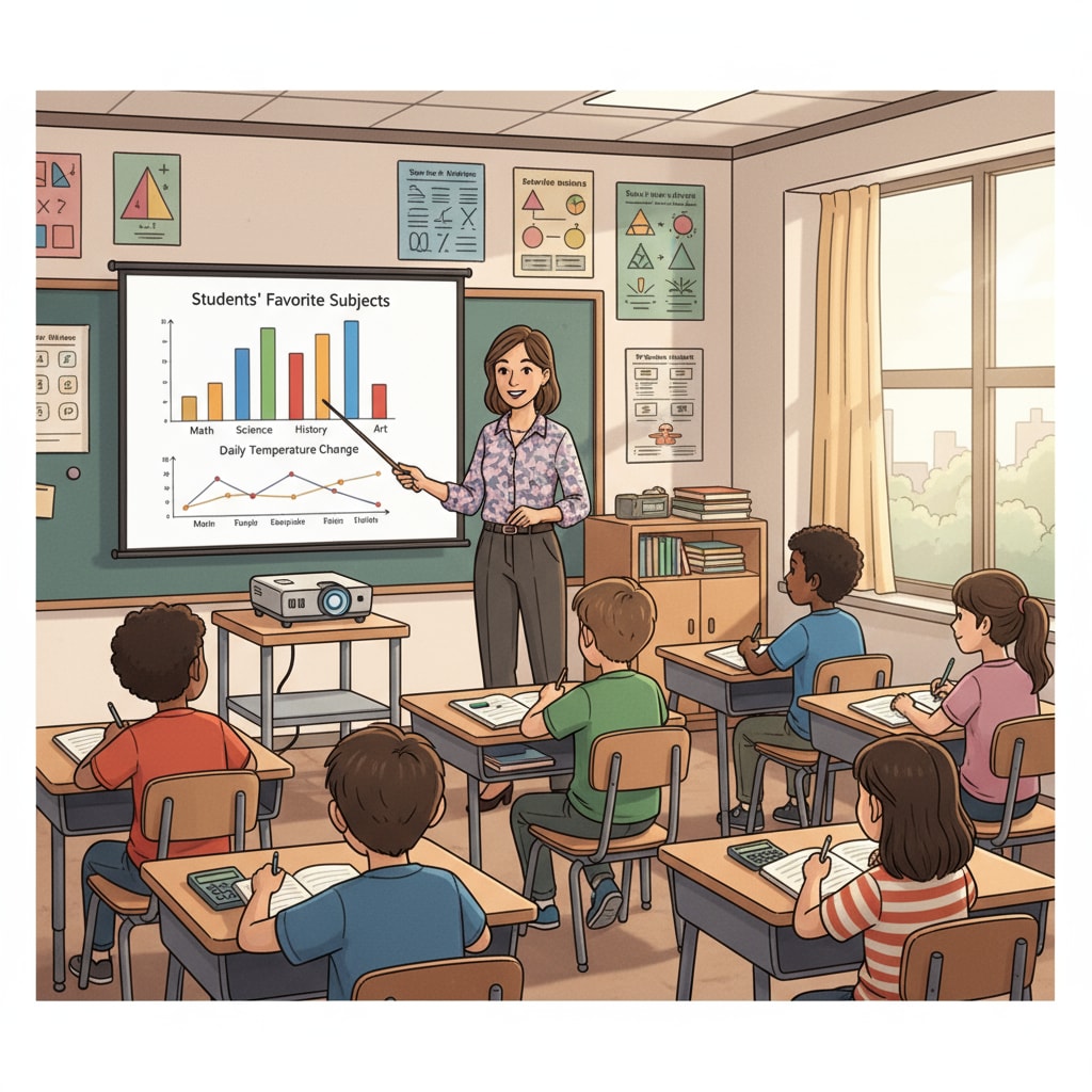 A math teacher using visual aids to teach in a middle school classroom. The teacher is showing a graph on a projector screen to students. Math teacher using visual aids for teaching in middle school, relevant to career choices and education of math majors