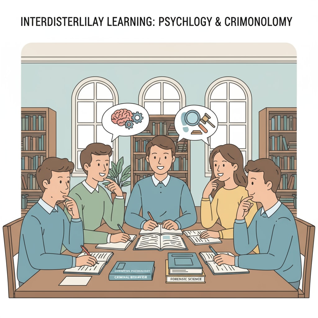 Students discussing psychology and criminology in a library
