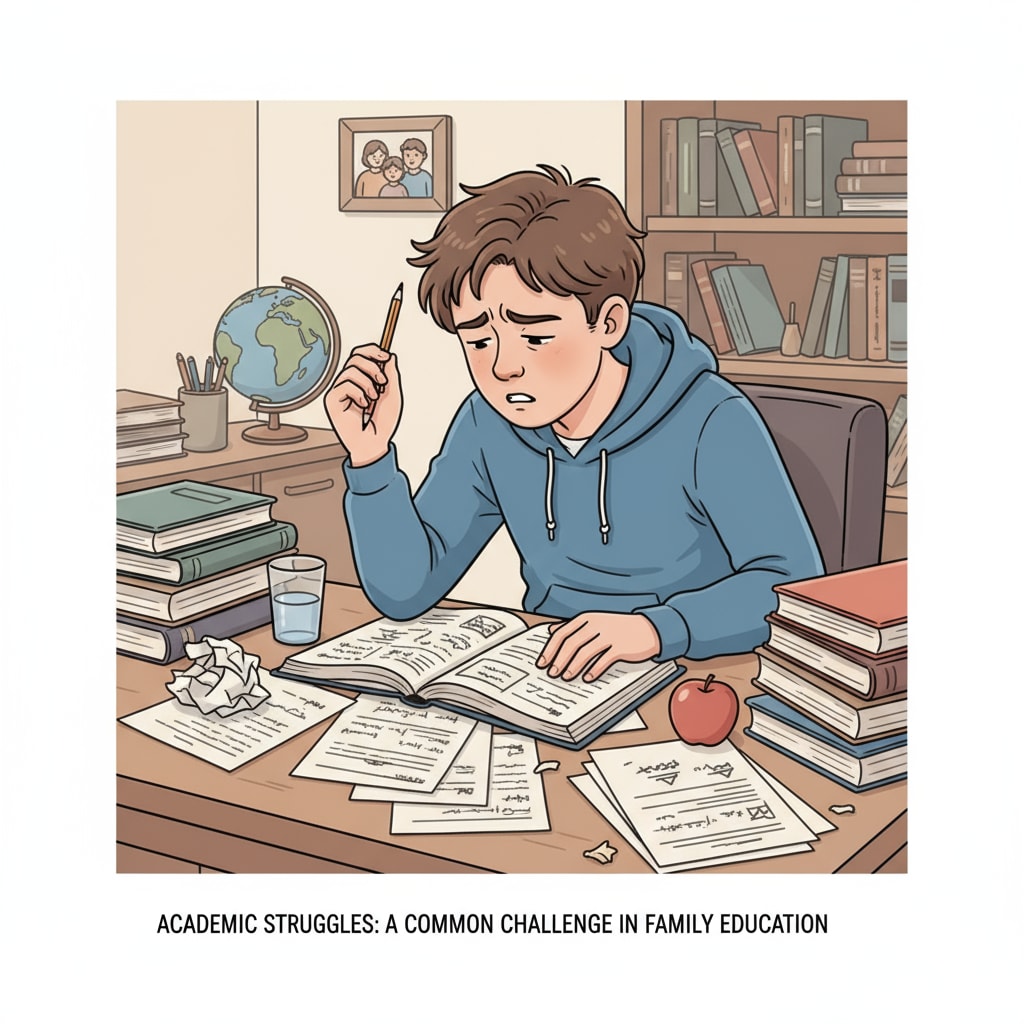 An illustration shows a young person sitting at a study desk. There are books and papers in front of them, but they have a discouraged expression on their face as they try to focus on studying, representing an academically struggling adolescent in a family education setting. An adolescent in a family education environment struggling with academic tasks