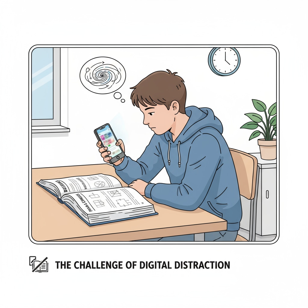 A picture depicts a teenager sitting at a table with a book open, but their attention is drawn to a mobile phone placed beside them, highlighting the issue of self - discipline difficulties during study time. A teenager being distracted by a phone while studying, showing self - discipline problems