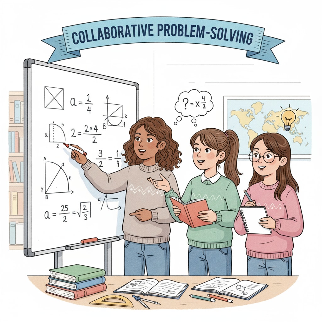 A group of girls is collaborating on a math problem, discussing different approaches and solutions. Girls collaborating in STEM education, demonstrating gender differences and teaching practices