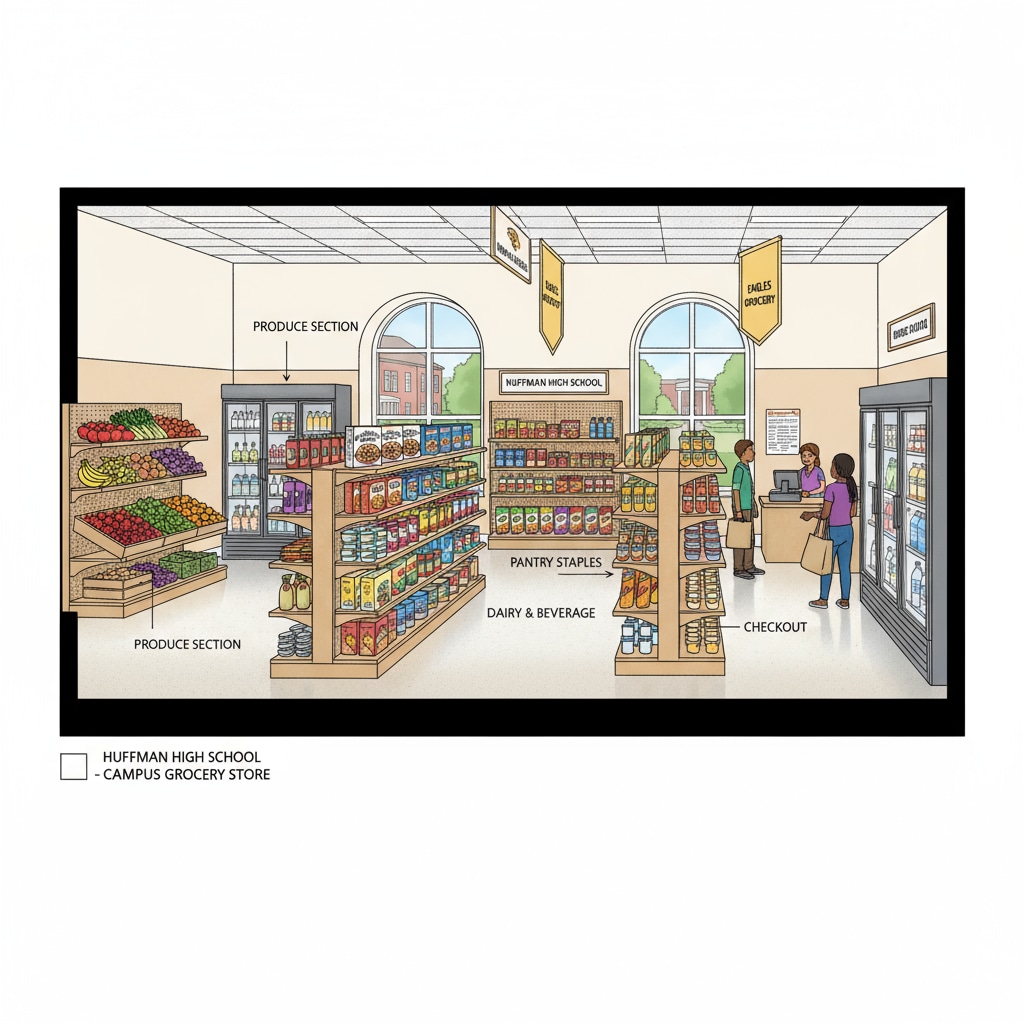 A view of the on-campus grocery store at Huffman High School in Birmingham, filled with various products neatly arranged on the shelves On-campus grocery store at Huffman High School in Birmingham